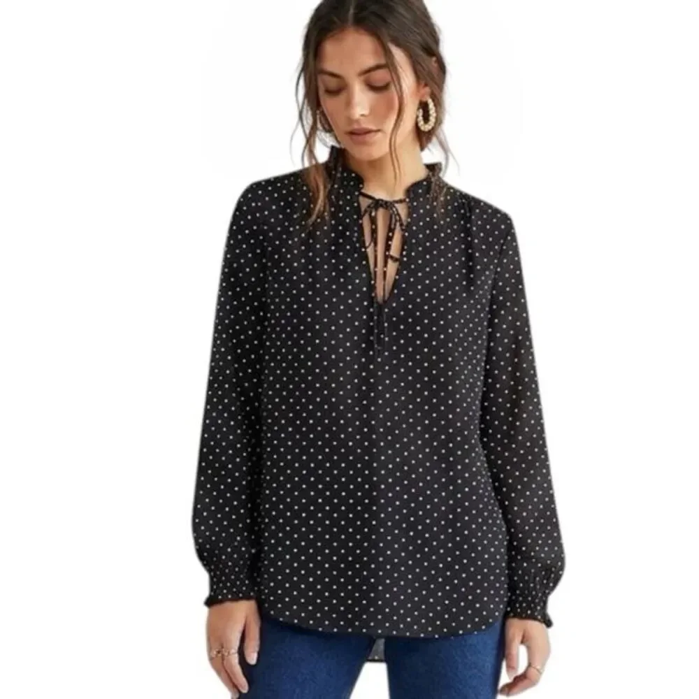 Loft Womens Ruffle Long Sleeve Blouse Polka Dots Front Keyhole Black Sz Small